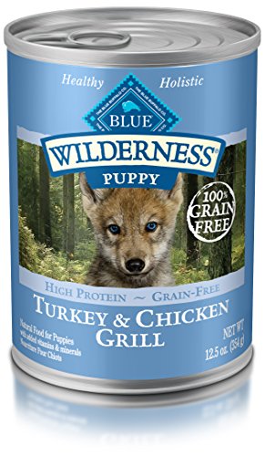 Blue Wilderness puppy canned chicken mixed with dry food to help puppies learn to eat