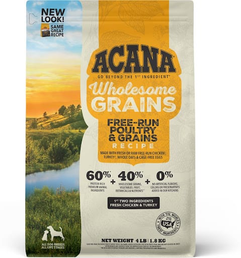 Acana wholesome grains millet free run poultry recipe good source of fiber carbs